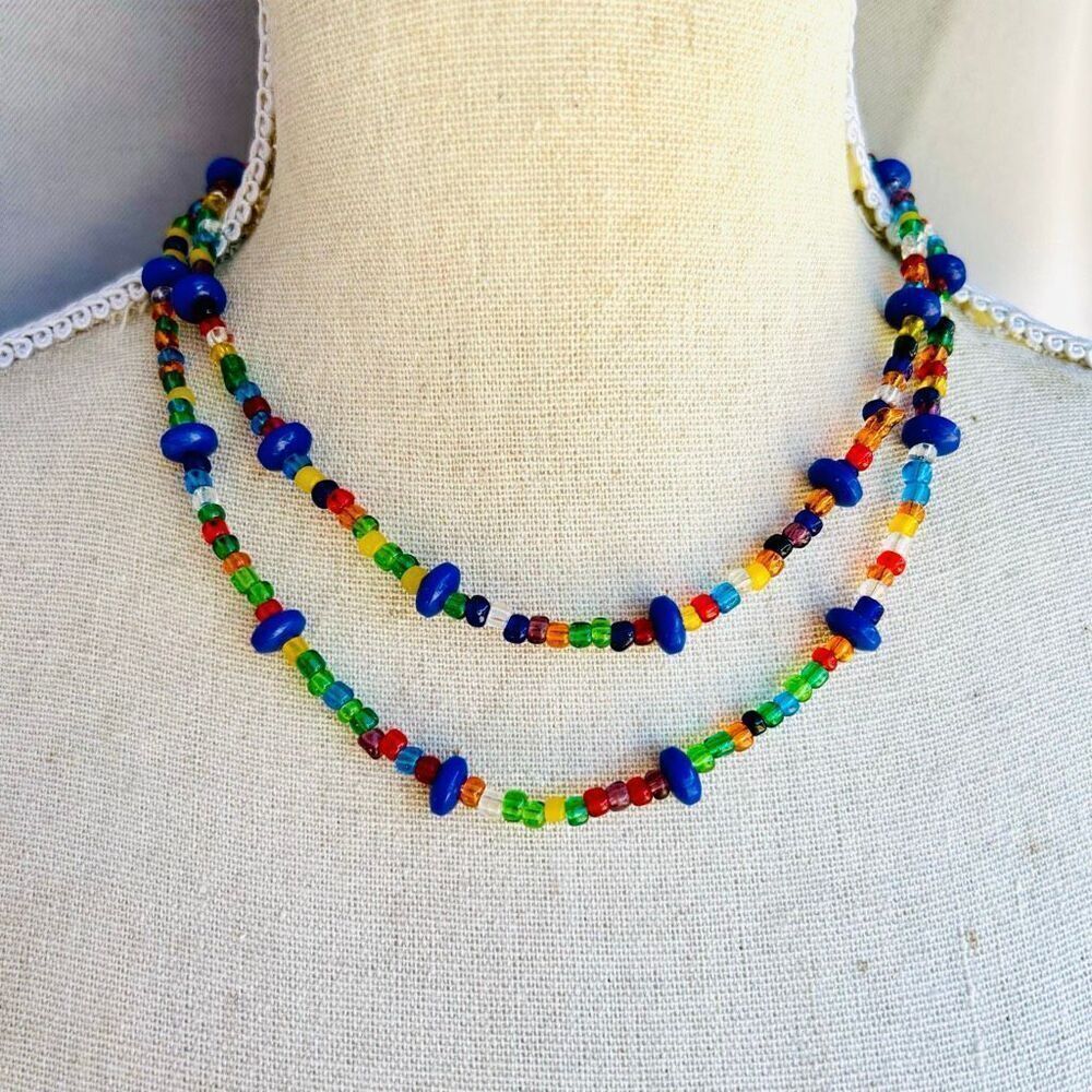 Handcrafted Multi Color Bead with Vintage Blue Beads Long Beaded Wrap Necklace B